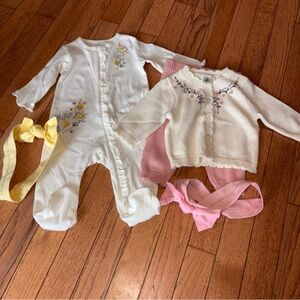 Floral Embroidered Kids One Piece Set - White and Pink